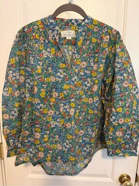 Trovata Blue Floral Popover Blouse with Yellow & Coral Accents